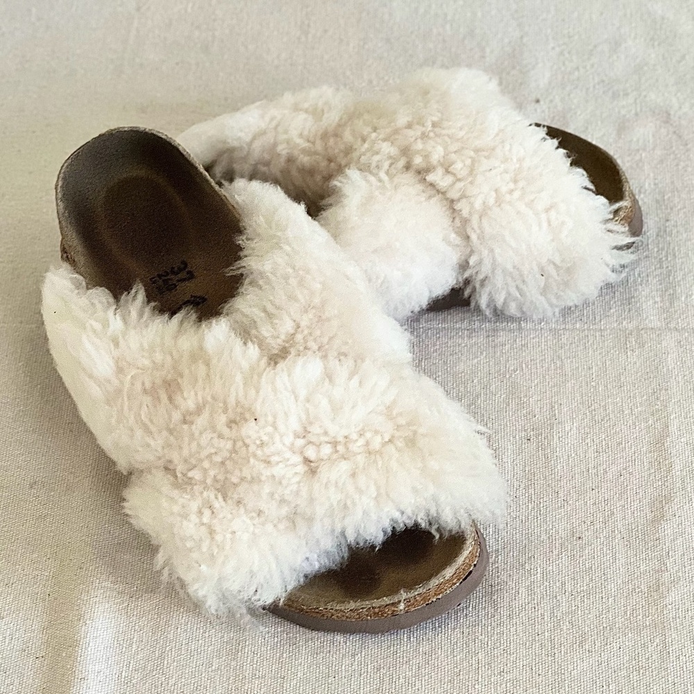 Papillio Cream Shearling Crossover Slide Sandals - Picture 3 of 16